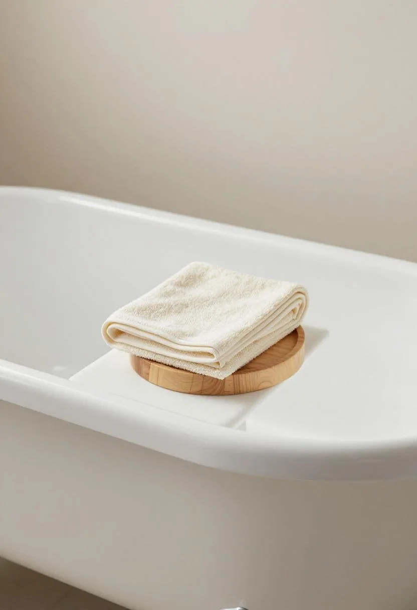 Overhead view looking inside a white porcelain clawfoot tub with a cream washcloth and cedar soap dish
