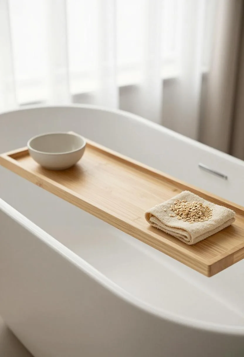 Overhead view of a white freestanding soaking tub with a teak bath tray, ceramic bowl, and folded cotton washcloth