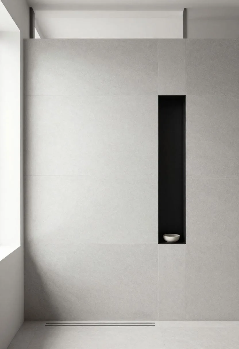 Minimalist oversized light gray porcelain shower tiles with a matte black recessed niche for storage