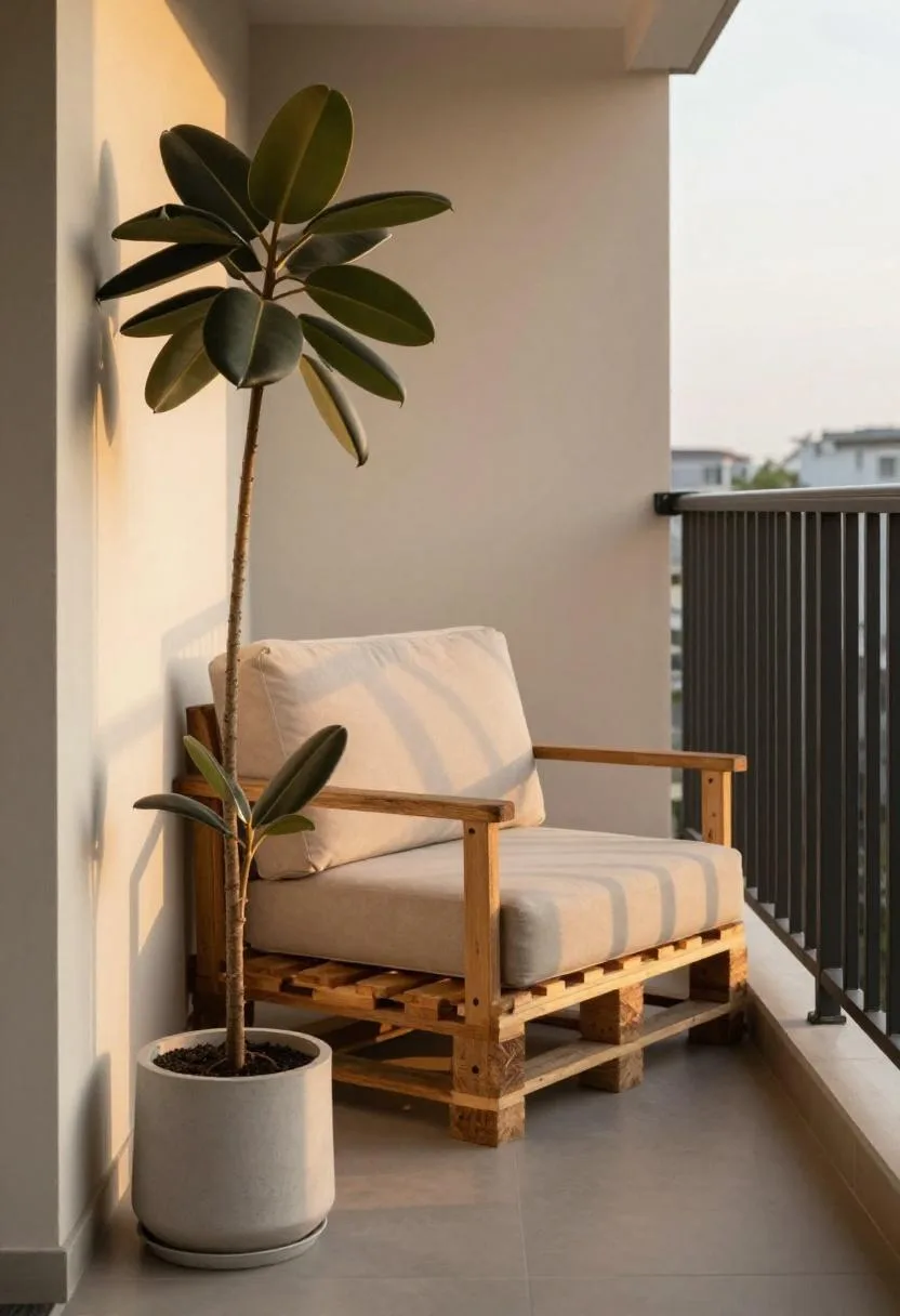 Painted pallet loveseat beside a rubber tree on a narrow balcony bathed in golden hour light