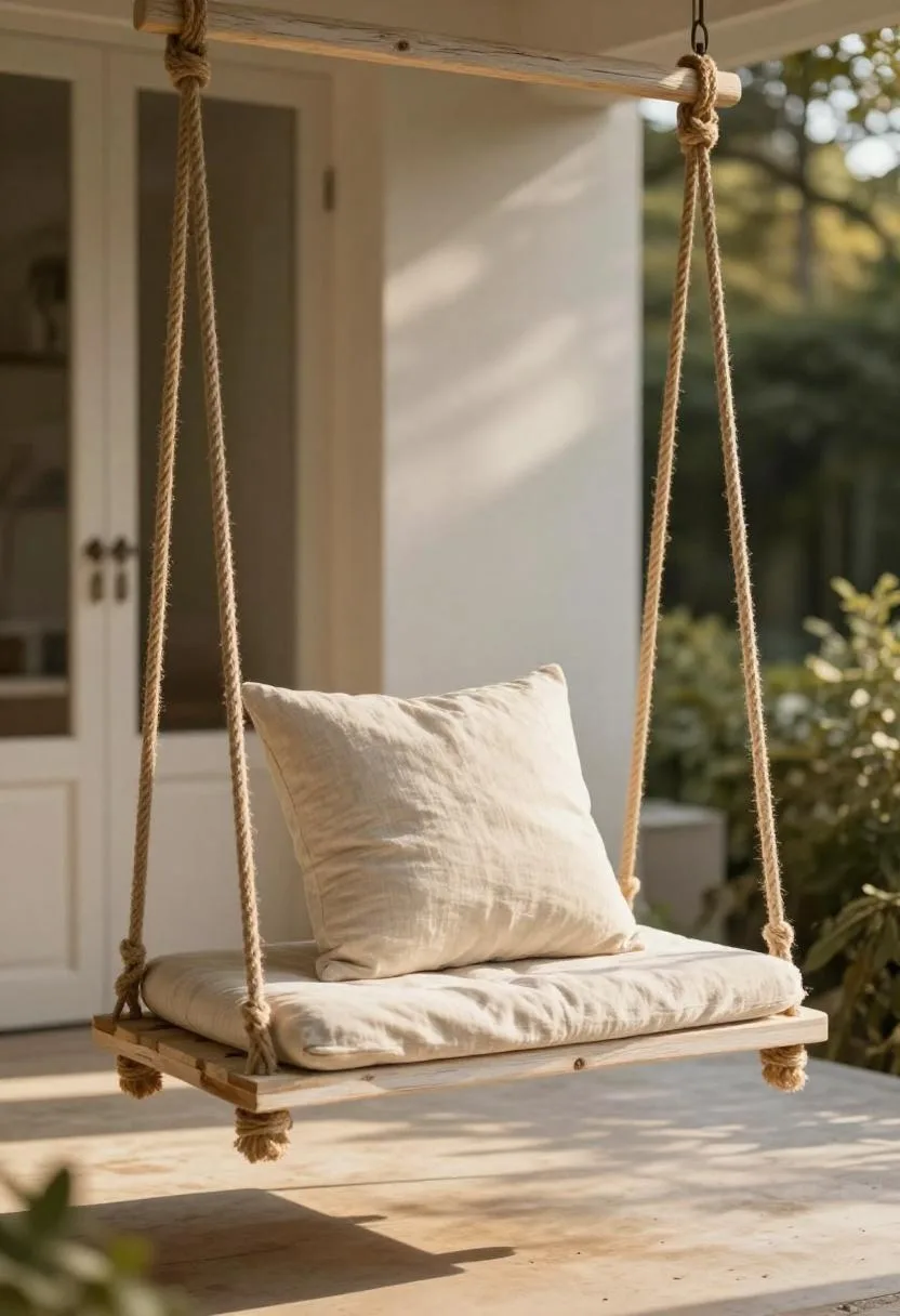 Painted pine pallet swing with a linen pillow hanging from a pergola beam in gentle morning light