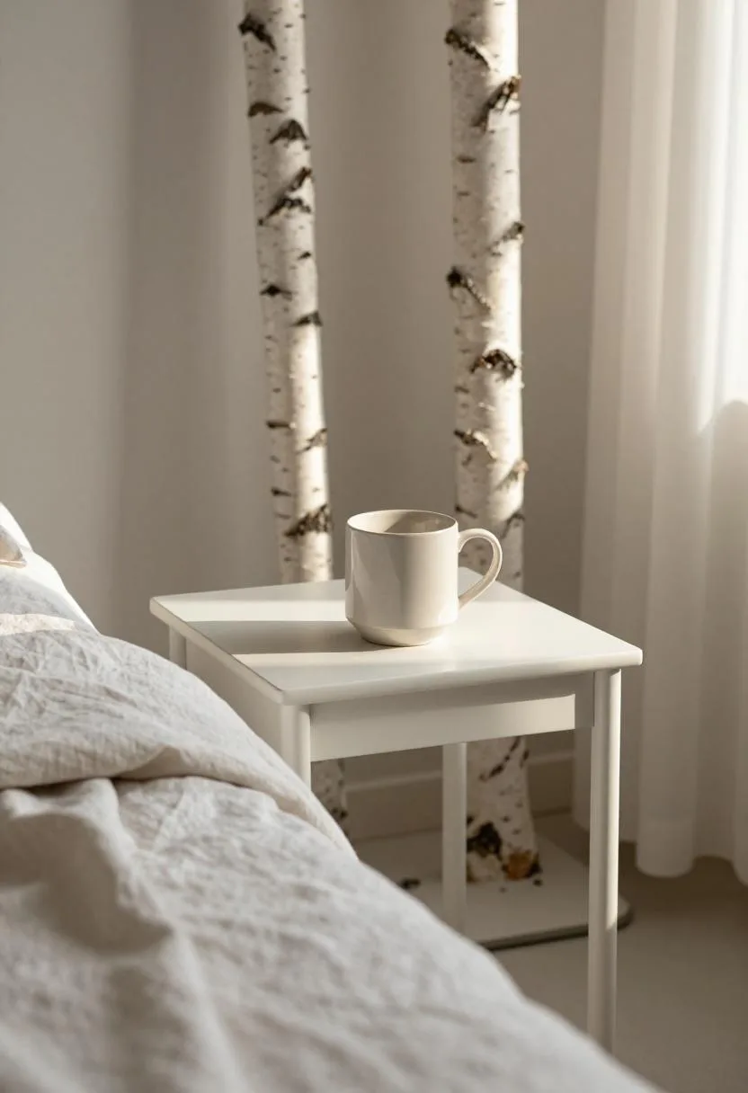 Pale birch nightstand with handmade ceramic mug detail beside a low platform bed