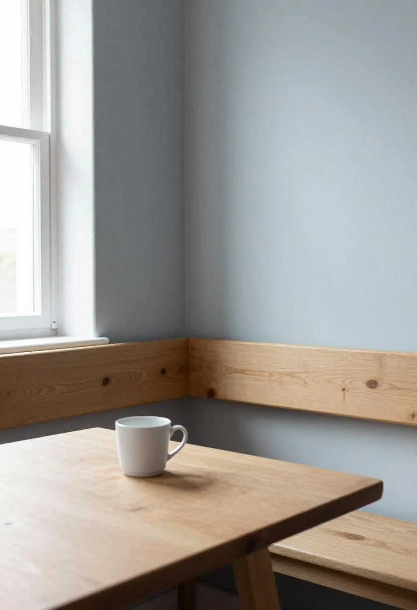 Pale blue breakfast nook corner with warm oak bench seat and single white ceramic mug on a small side table