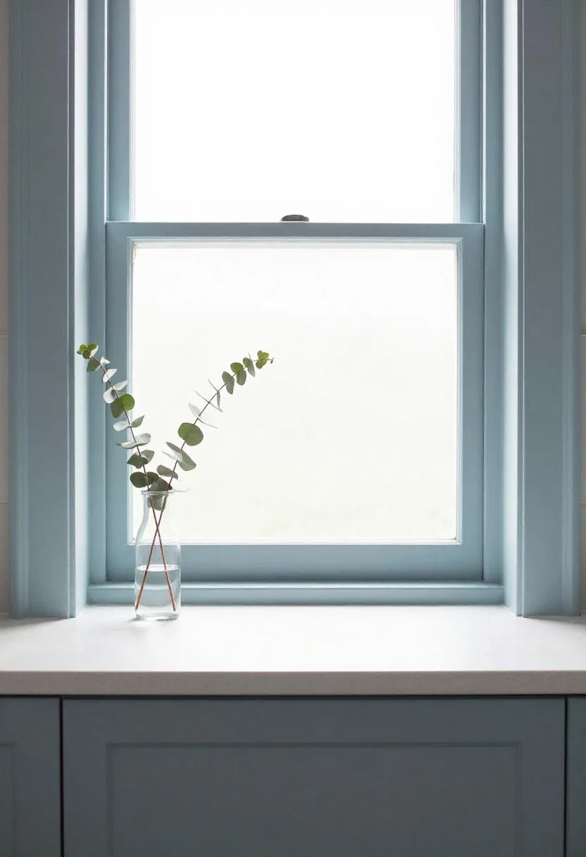 Pale blue painted kitchen window frame with clear glass vase and eucalyptus stems arranged on the bright windowsill