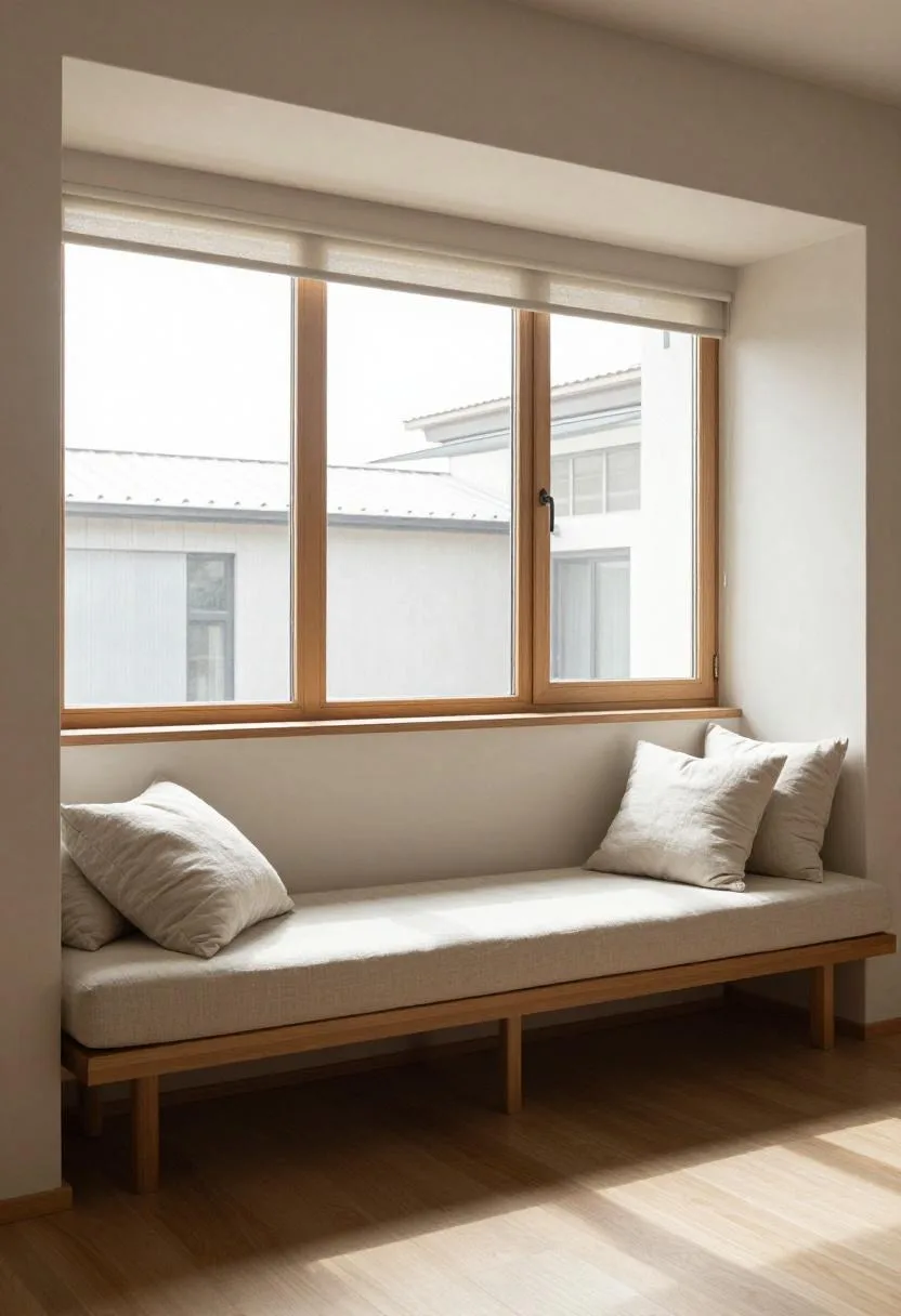 Pale linen bay window bench with cotton cushions in morning sunlight