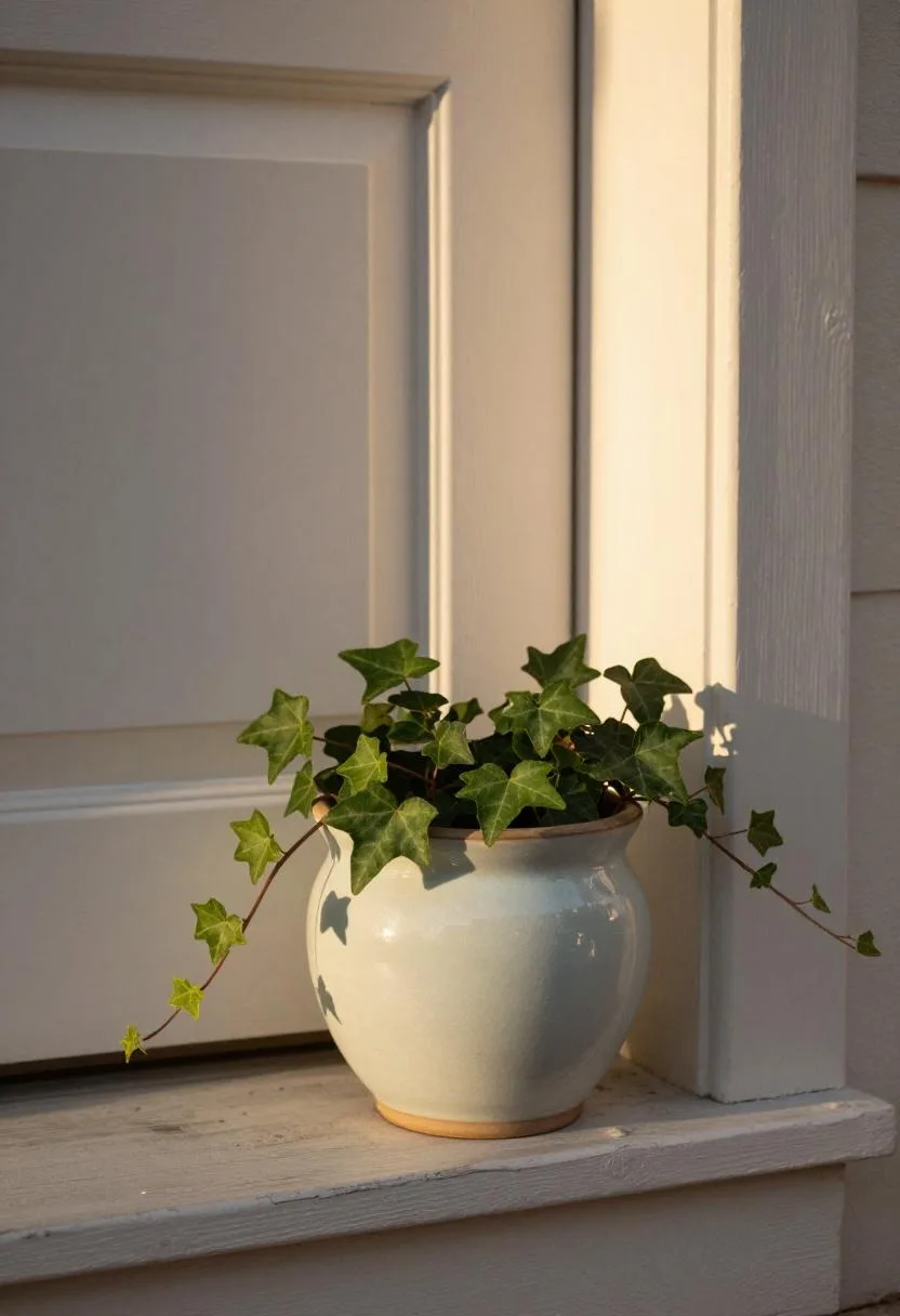 Pale mint ceramic ivy pot beside a white door step bathed in warm golden hour light