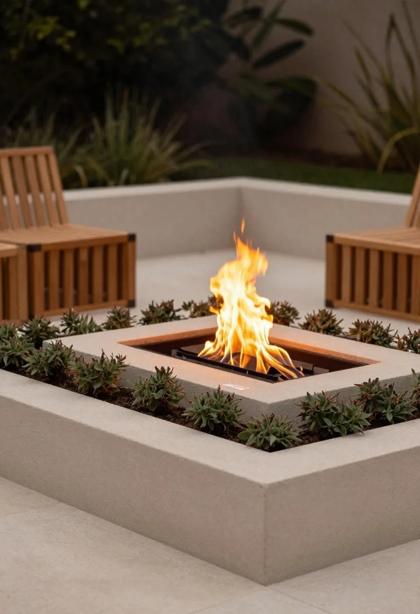 Pale-mint concrete sedum planter beside a teak-stool fire pit at dusk