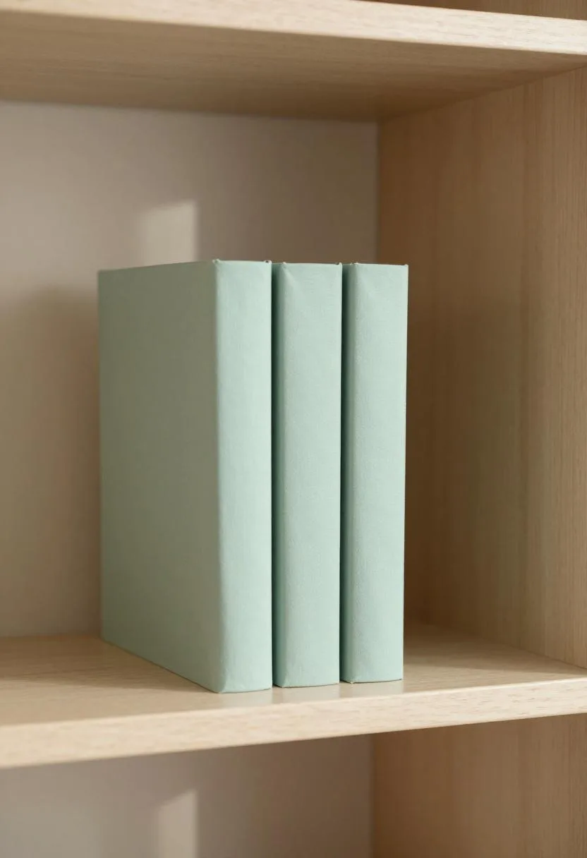Three pale mint hardcover books arranged by height on a low oak bookshelf