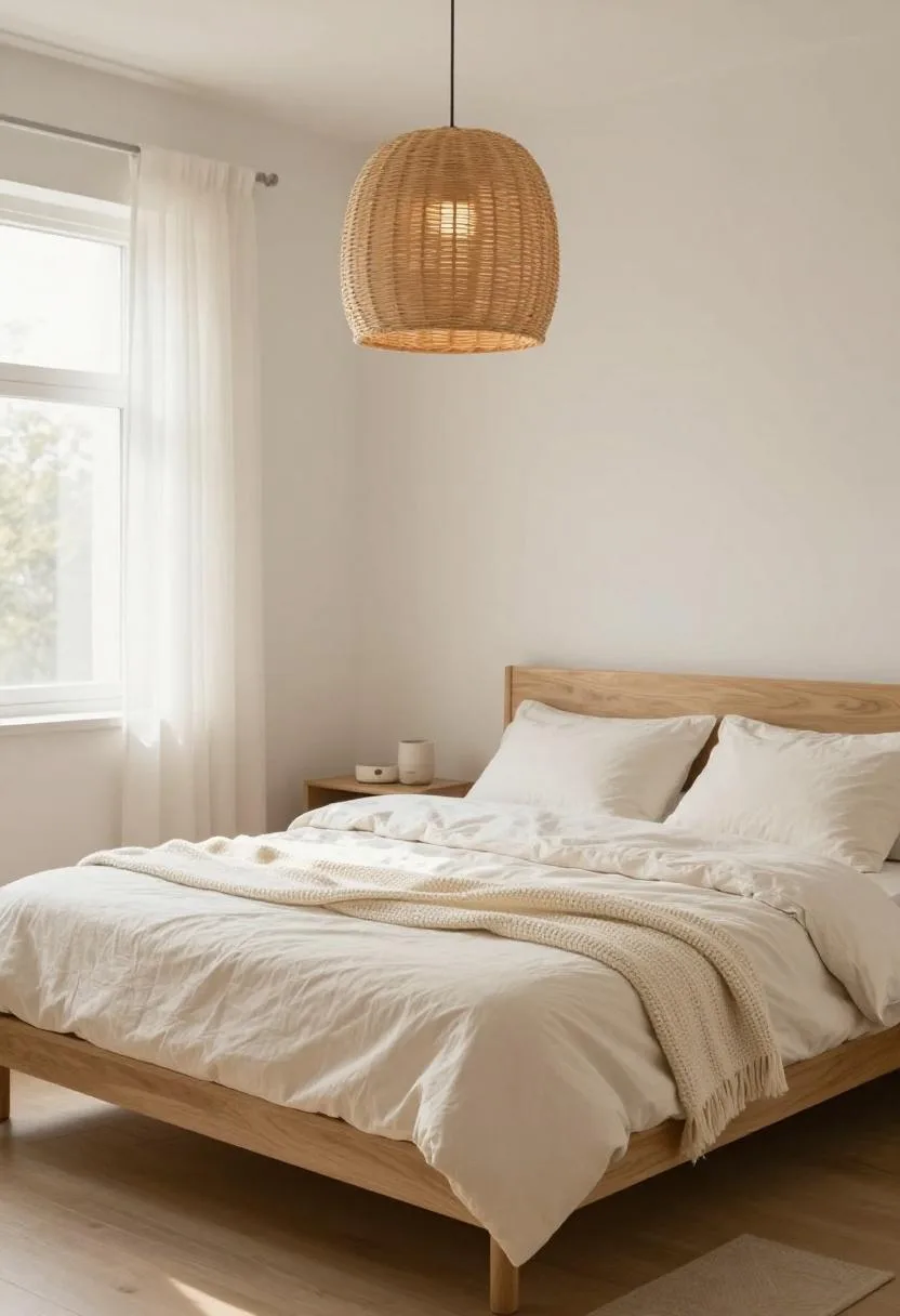 Pale oak bed frame with off-white cotton bedding and woven rattan pendant light in morning sunlight