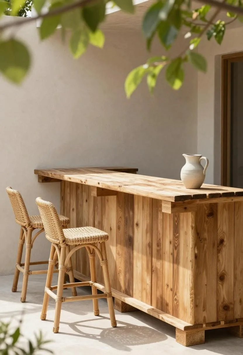 Pine pallet bar counter with rattan stools and a ceramic pitcher against a stucco garden wall