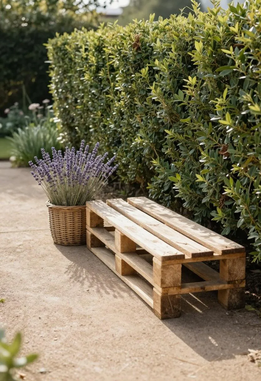 Pine pallet bench with a lavender basket beside a boxwood hedge on a cottage garden path