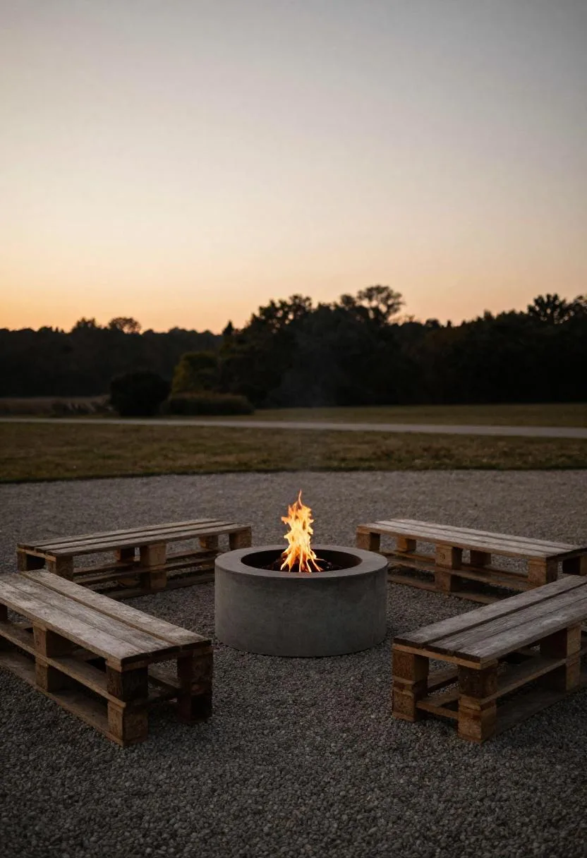 Two weathered pine pallet benches flanking a concrete fire bowl on a gravel fire pit area at dusk