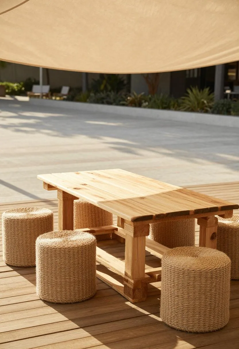 Pine pallet dining table with rope-seat stools under a canvas sail on a shaded deck