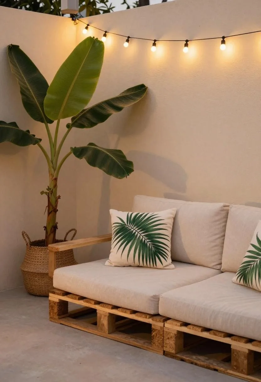 Pine pallet L-shaped sectional with tropical cotton cushions beside a banana plant under string lights at dusk
