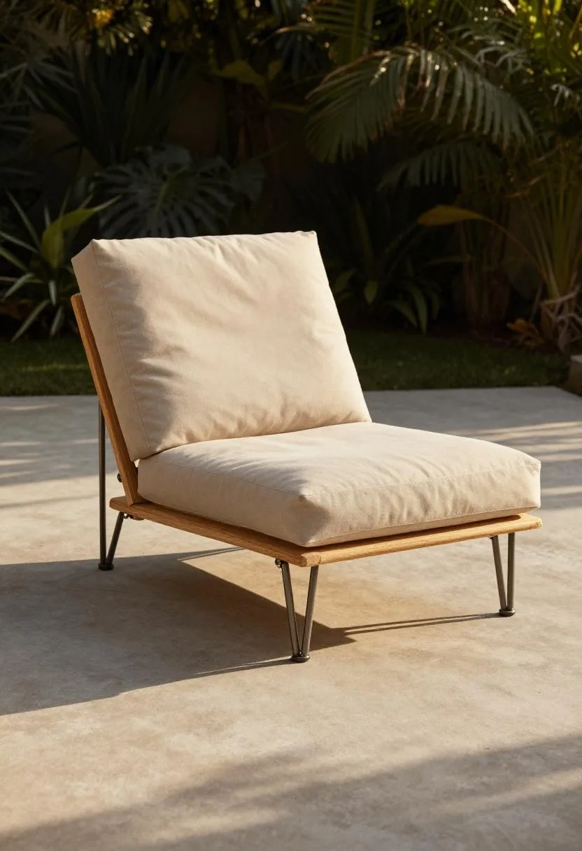 Pine pallet lounge chair with steel hairpin legs and sand beige canvas cushion in golden afternoon light