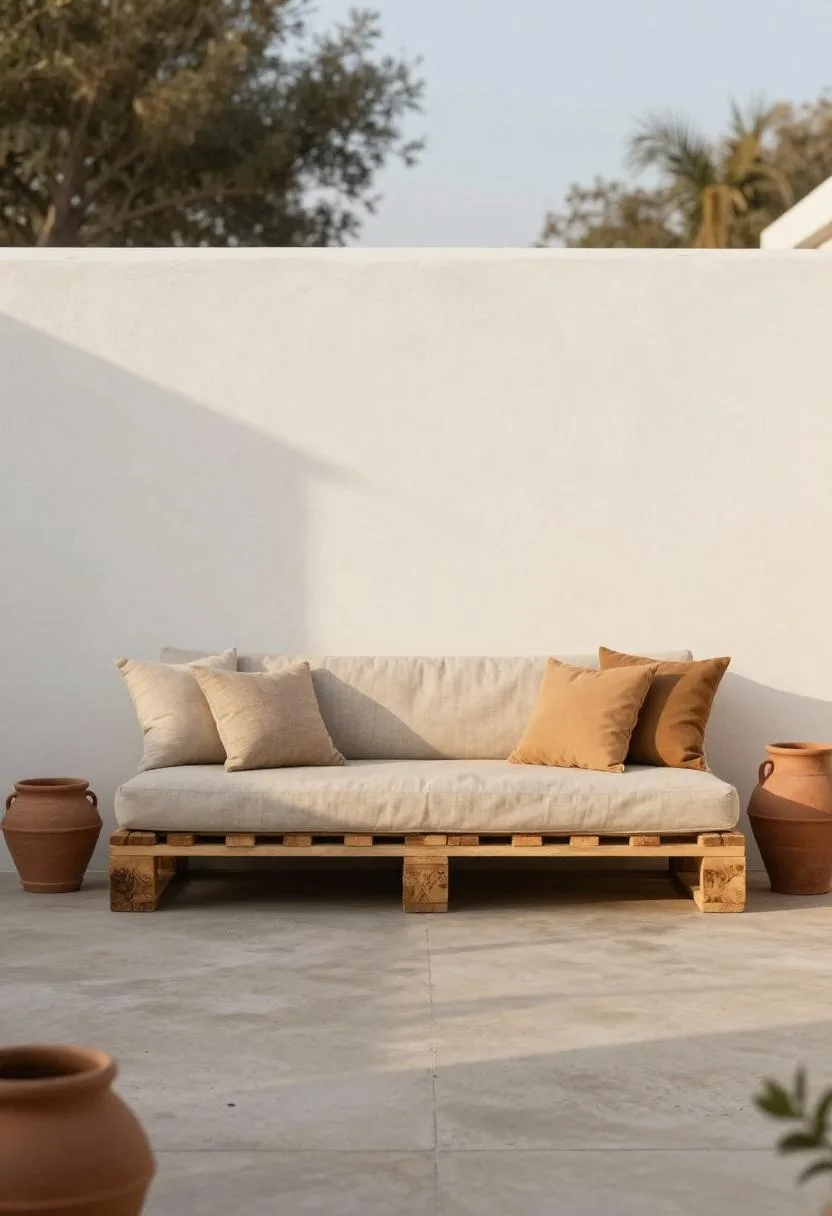 Interior design - pallet sofa linen cushions whitewashed wall golden hour
