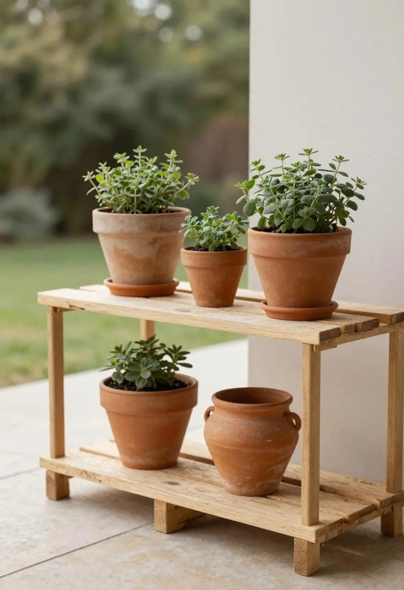 Pine pallet tiered shelf with clay herb pots on a stone patio edge in warm morning sun
