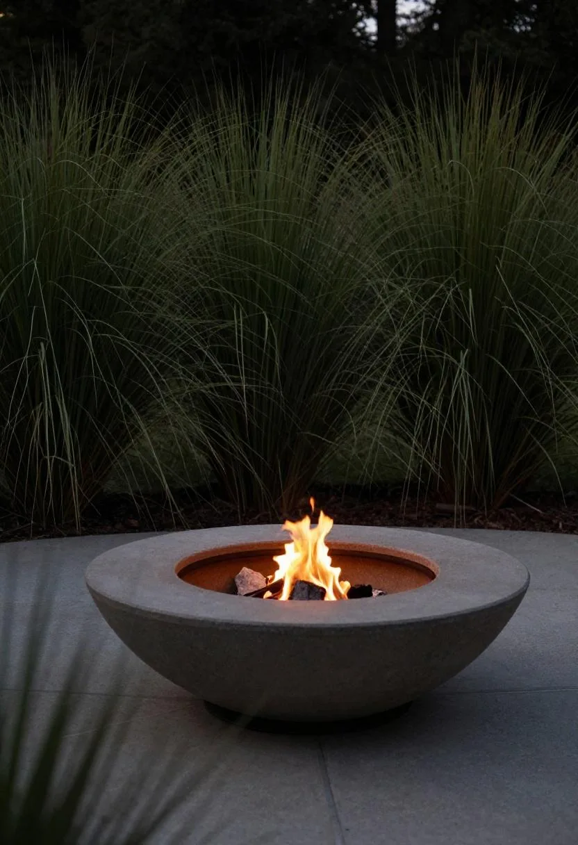 Towering pampas grass forming a natural privacy boundary around a cast concrete fire pit at dusk