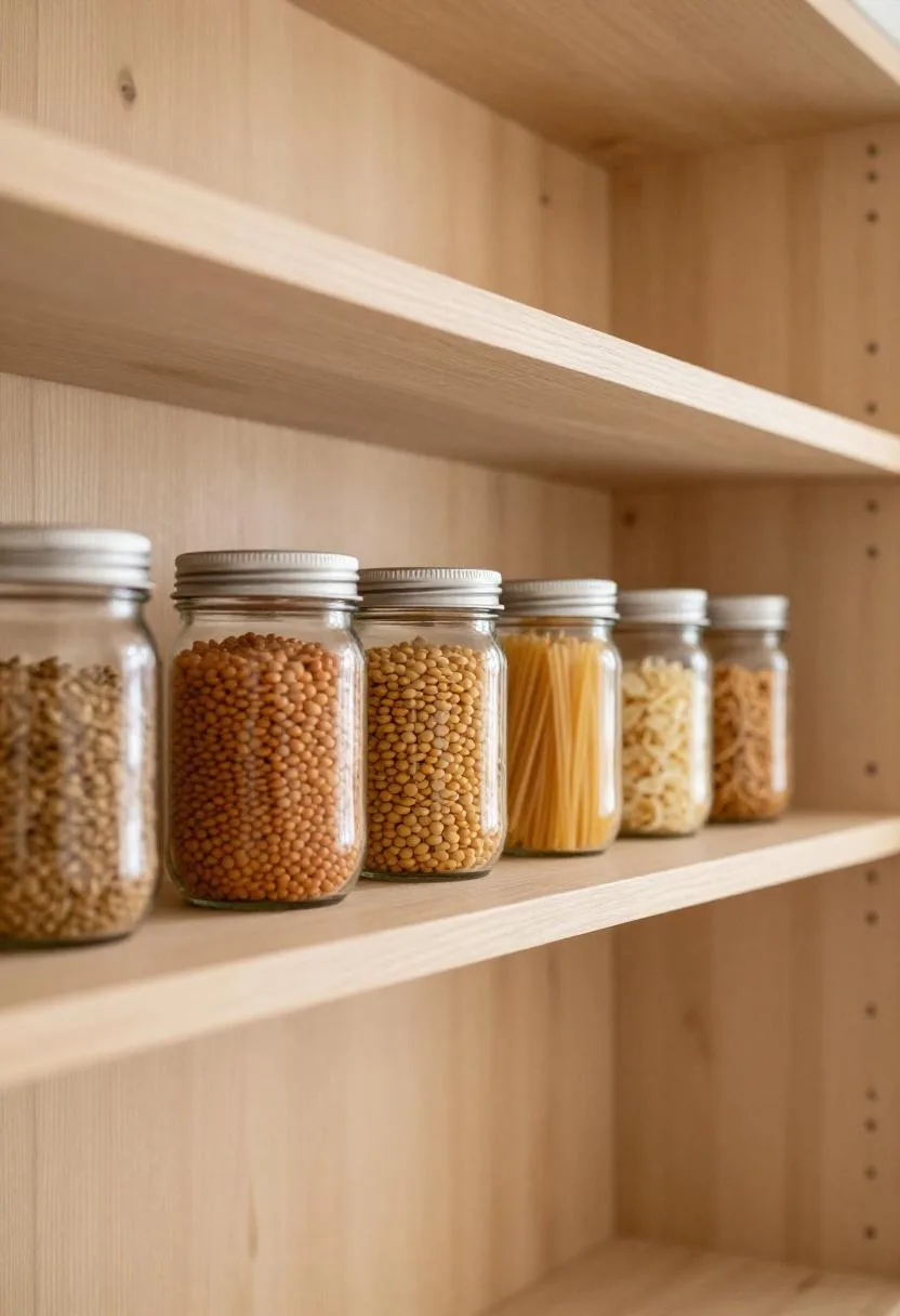 Pantry shelf with beige pine boards and neatly arranged glass mason jars of dry goods