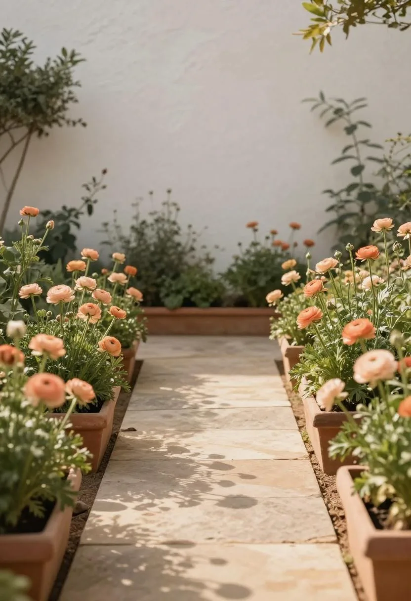 Peach ranunculus in terracotta planters lining a clear limestone garden path