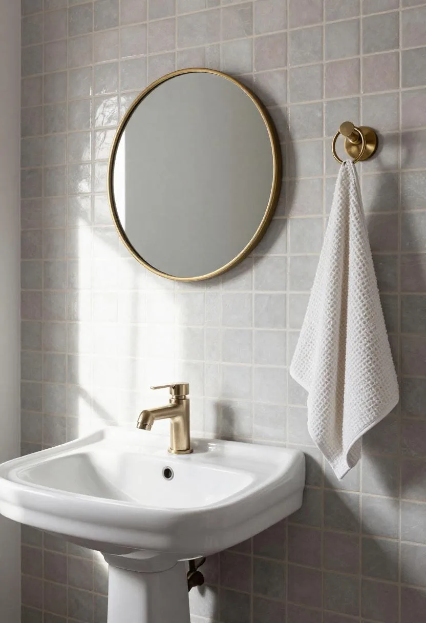 Pedestal porcelain sink with brass mirror on a gray-rose ceramic tile wall