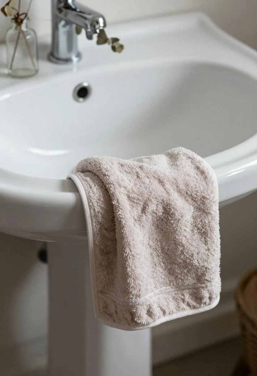 Porcelain pedestal sink with a dusty rose cotton towel and dried eucalyptus in a bohemian bathroom