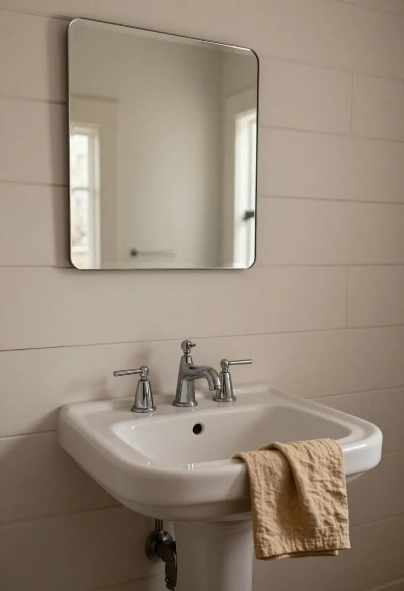 Pedestal sink with a warm tan linen face cloth and beveled mirror mounted on a shiplap wall