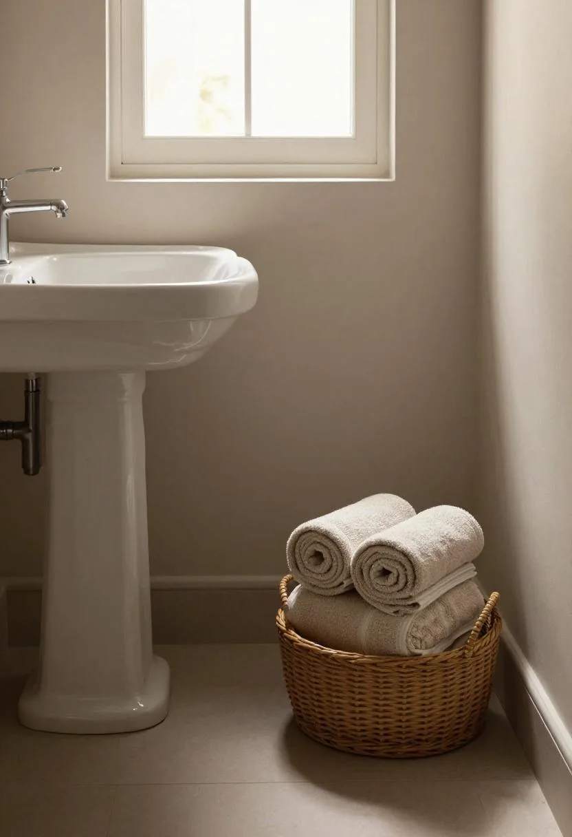 Pedestal sink with neatly rolled cotton towels stored in a rattan basket placed at its base in warm afternoon light
