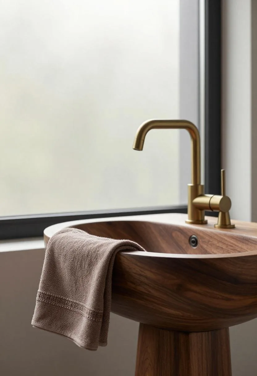 Pedestal walnut sink with bronze faucet and chocolate linen towel under diffused daylight