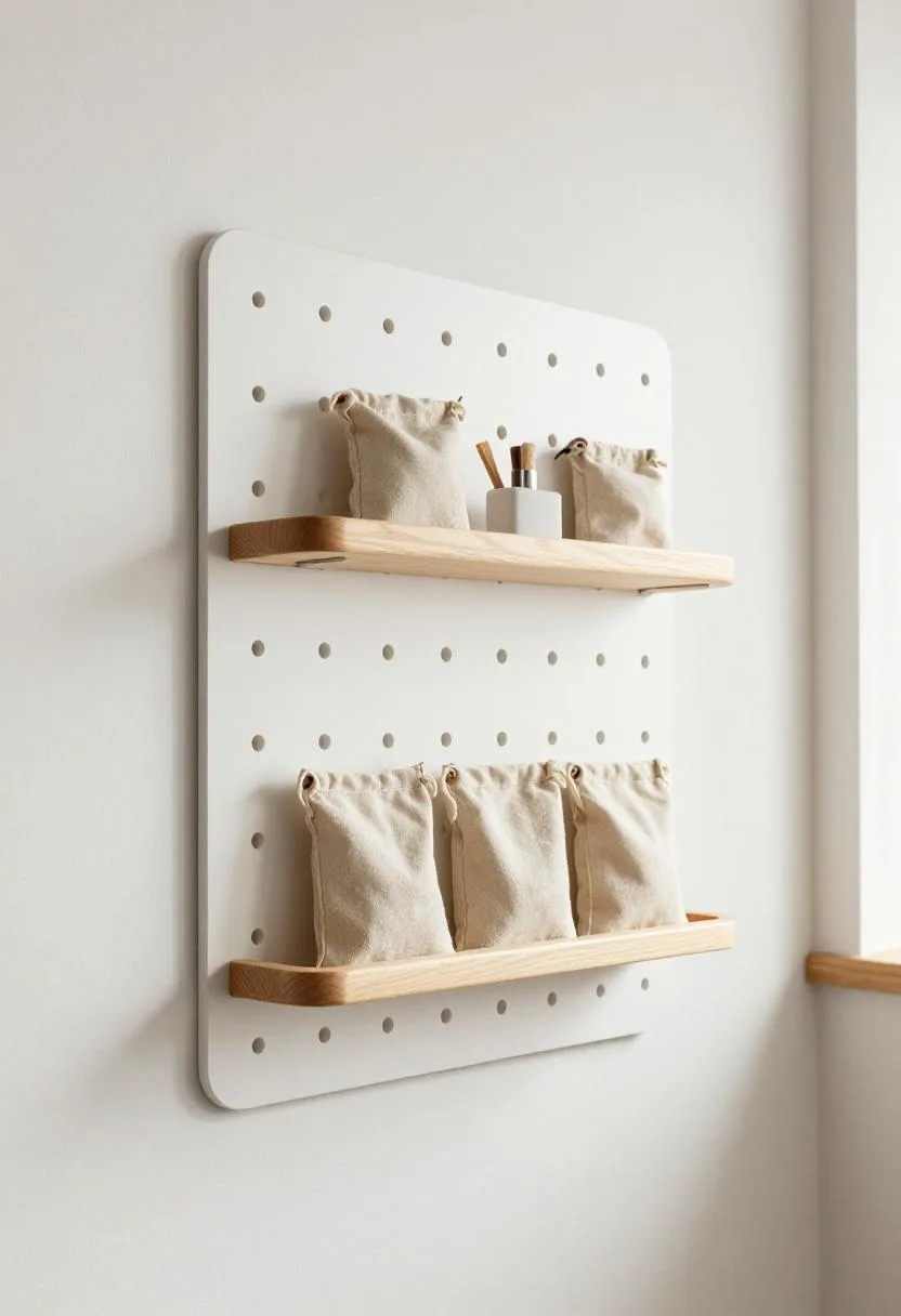 Wall-mounted pegboard with birch shelves and sand cotton pouches for art supplies in a kids' room