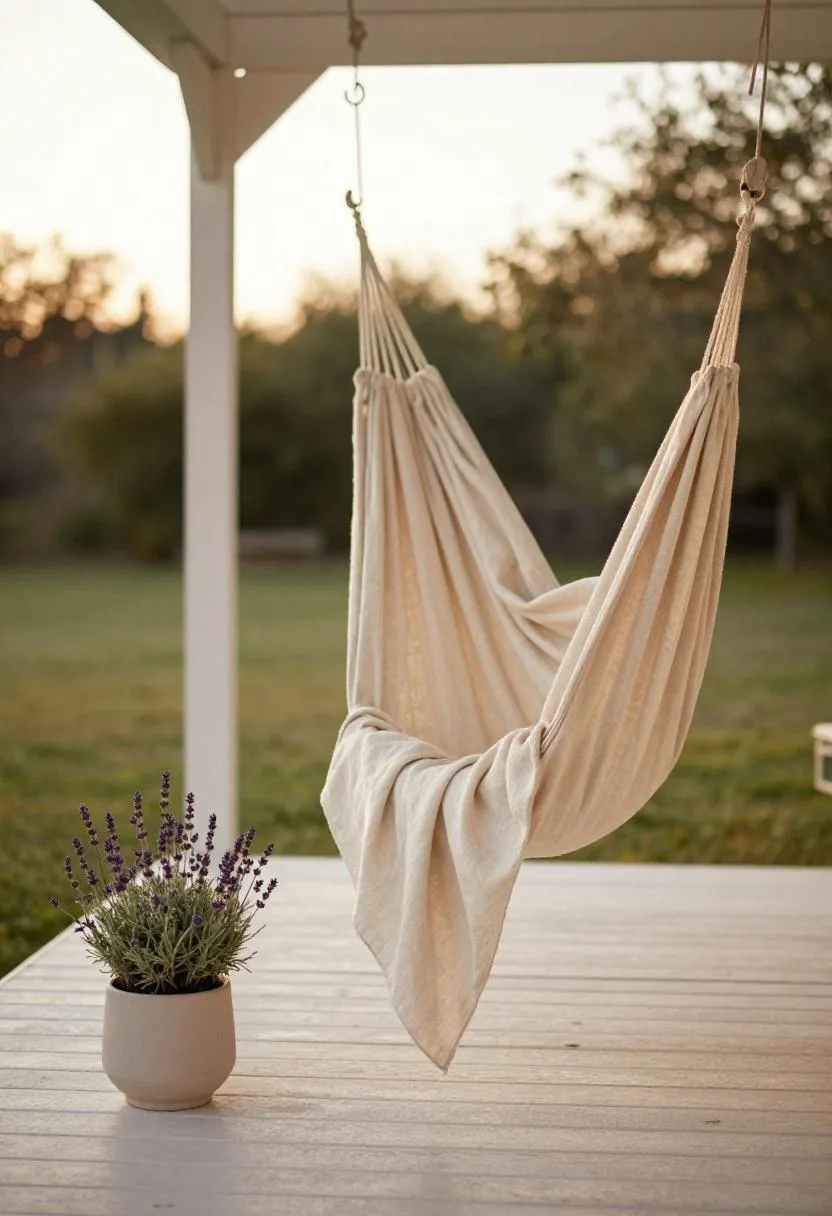 Warm cream linen hammock chair with a lavender pot beneath it on a golden-hour pergola deck