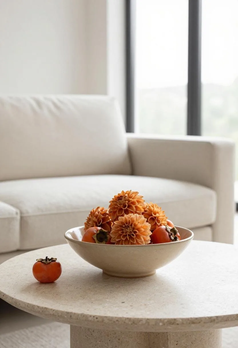 Persimmon-glazed ceramic bowl filled with dried orange dahlias on a travertine coffee table against a cream boucle sofa