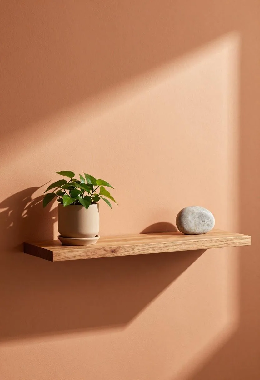 Bold Persimmon living room smoked oak floating shelf with trailing pothos and natural stone bookend