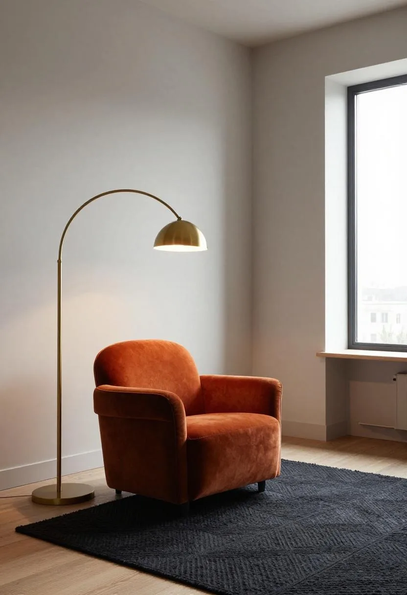 Thrifted armchair reupholstered in persimmon velvet on a charcoal geometric rug with a brass reading lamp
