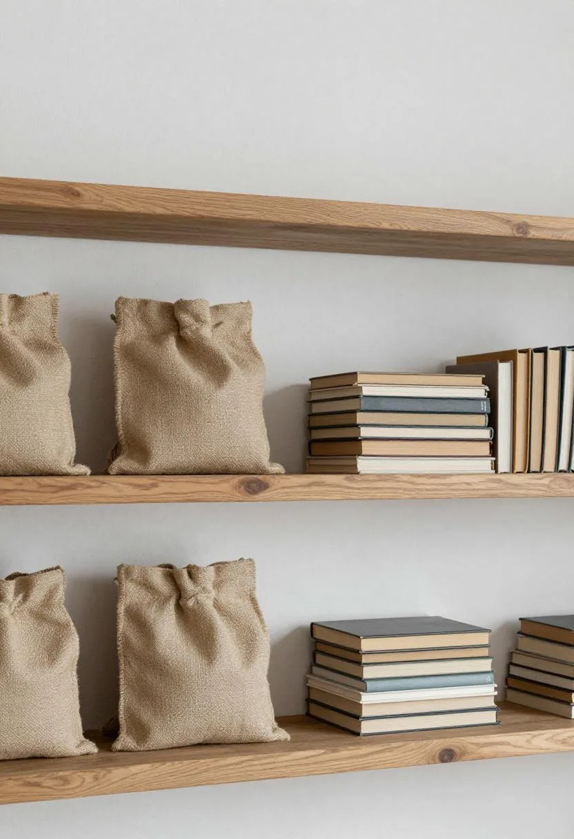 Pine bookshelf with natural burlap storage pouches and stacked hardcover books