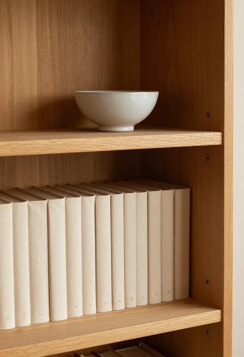 Thrifted pine bookshelf in warm caramel with linen-covered books and a ceramic bowl in a minimalist-maximalist fusion
