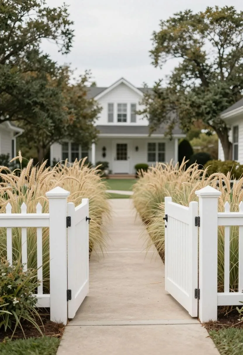 Pine-bordered farmhouse flower bed of pale wheat fountain grass running along a fence line