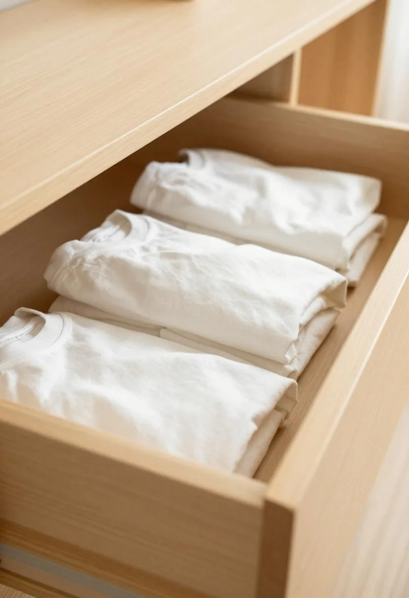Pine dresser drawer with off-white t-shirts file-folded and standing upright in a neat organized row