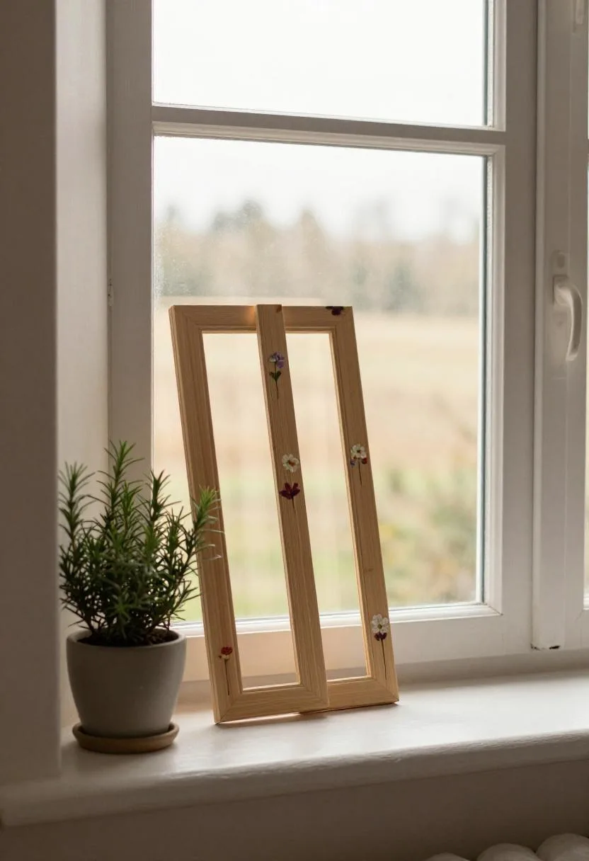 Pine-framed pressed flower art displayed on a window ledge with a rosemary plant in natural light