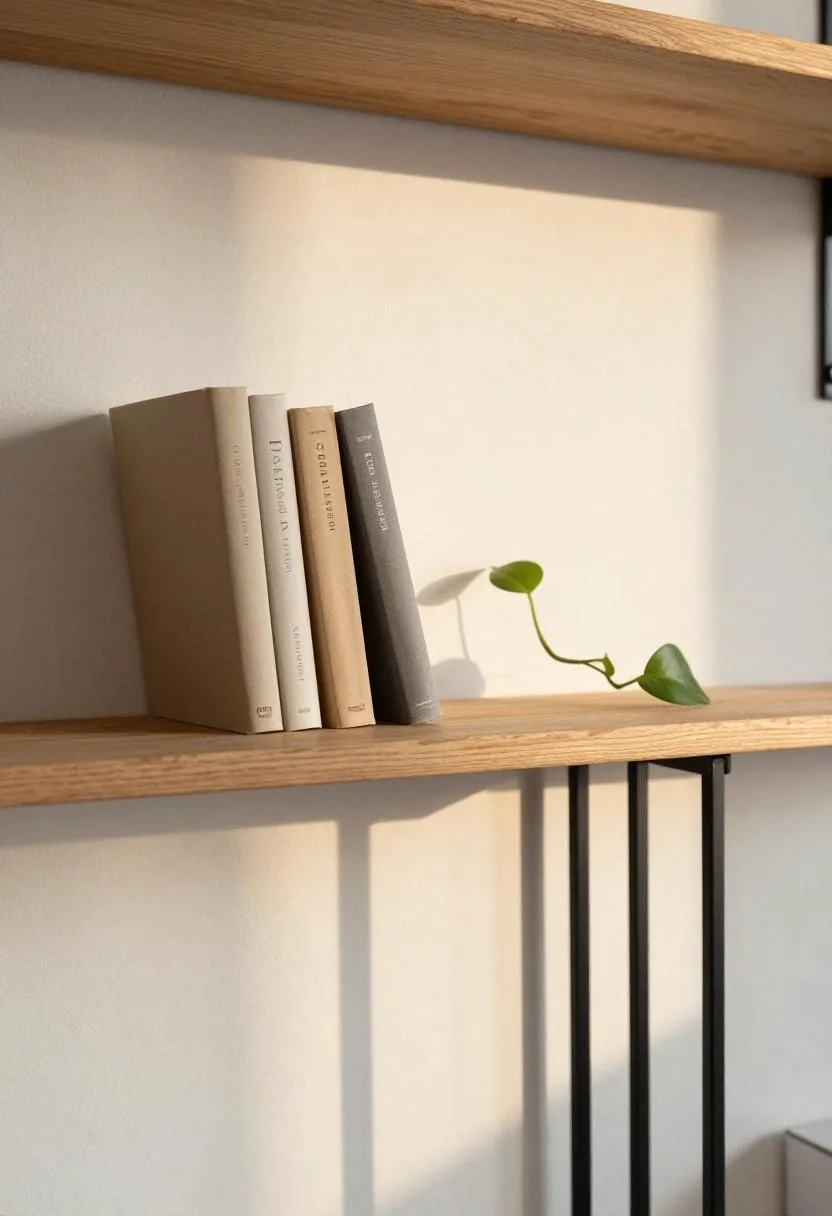 Pine and steel hairpin-leg bookshelf with books and trailing pothos