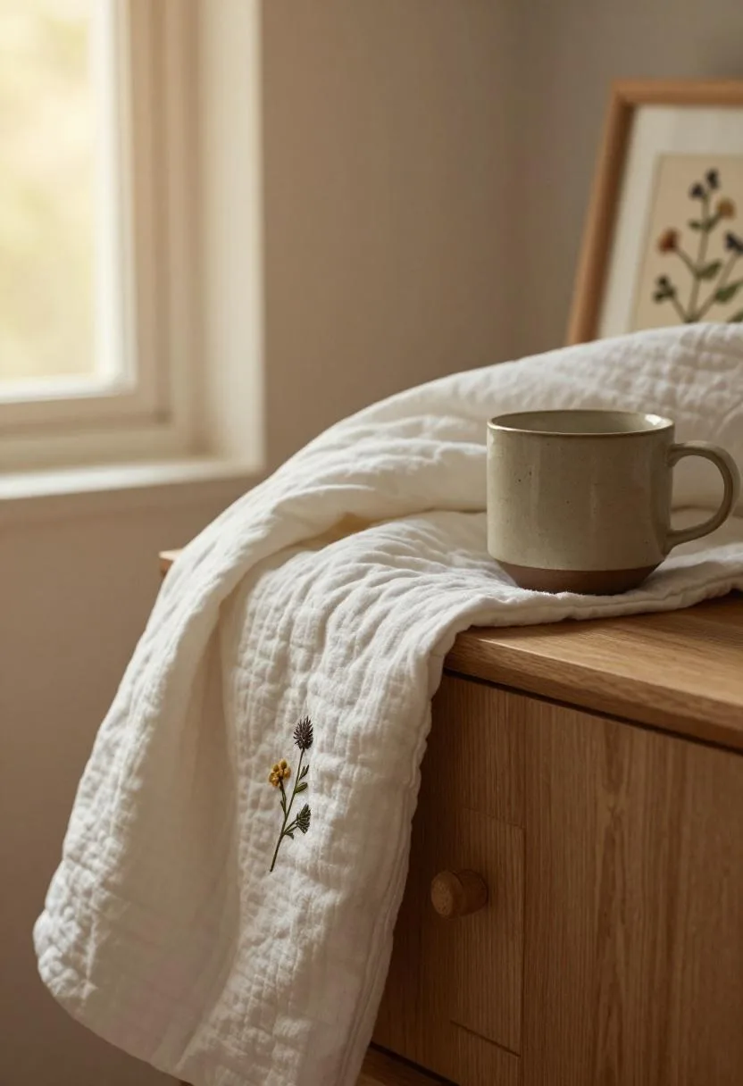 Pine nightstand with framed pressed flower art and neatly folded cotton quilt in golden afternoon light