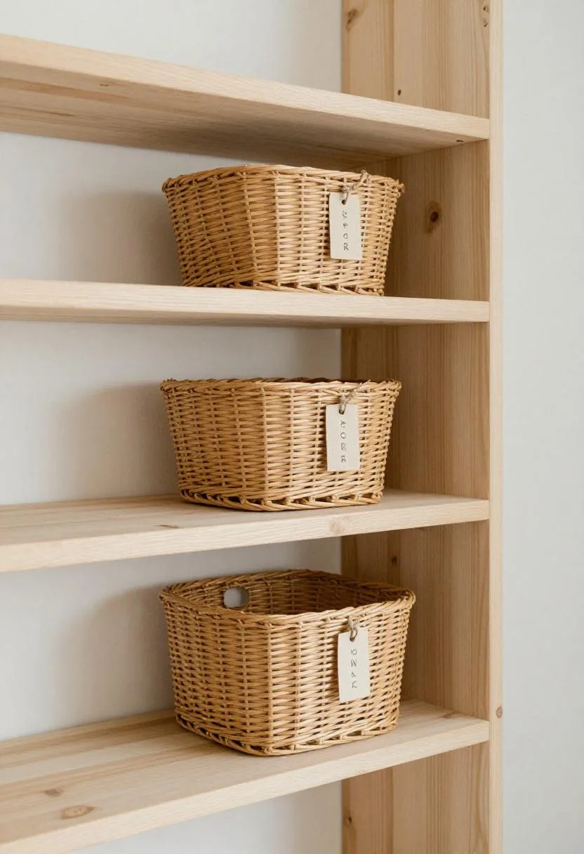 Pine open shelf with stacked wicker laundry baskets above the washer