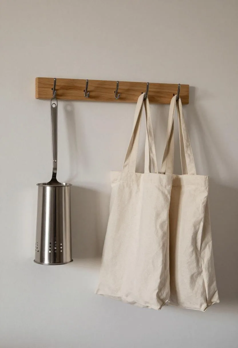 Pine pegboard on a pantry wall holding a colander and reusable tote bags on metal hooks