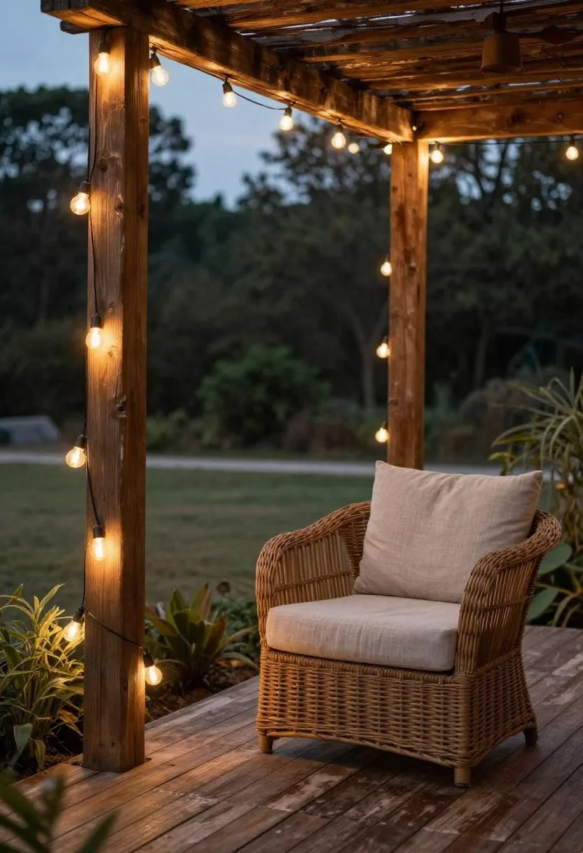 Pine pergola with Edison string lights and a beige wicker armchair on a teak deck at dusk