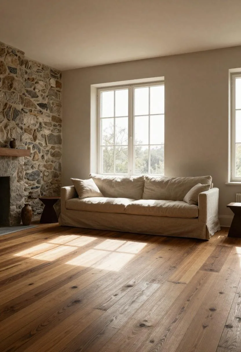 Warm chestnut pine plank floors with a stone accent wall and linen sofa in morning light