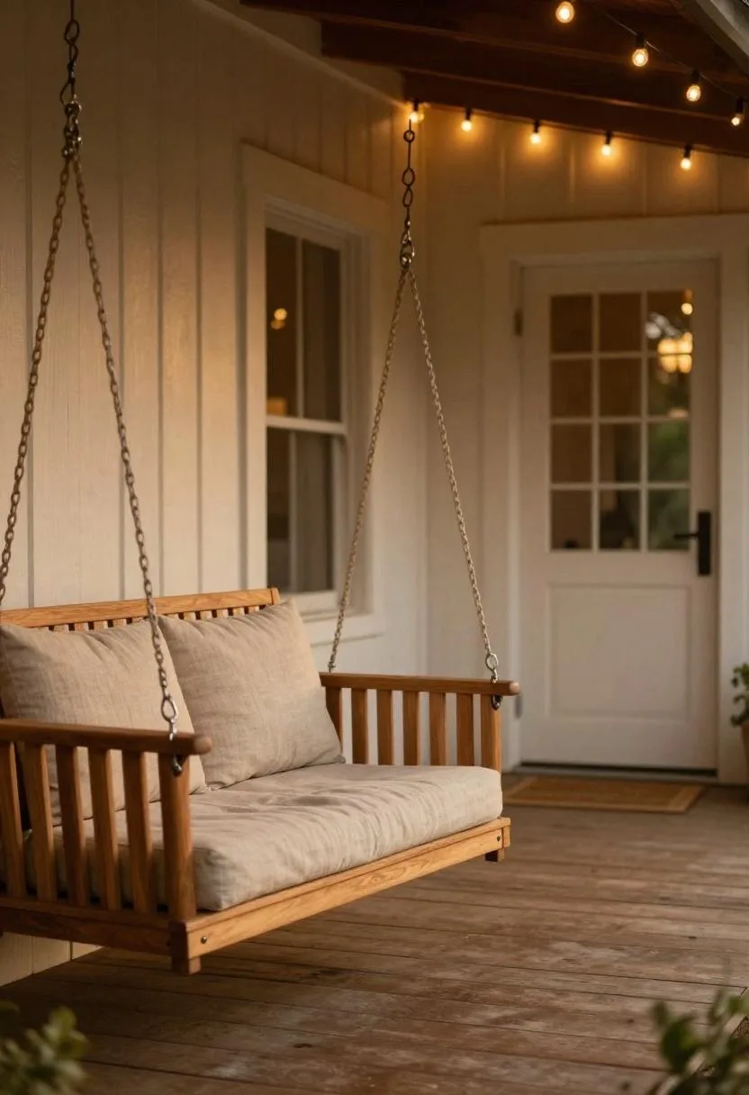 Pine porch swing with a linen oat cushion hung at the side of a clear farmhouse porch entry