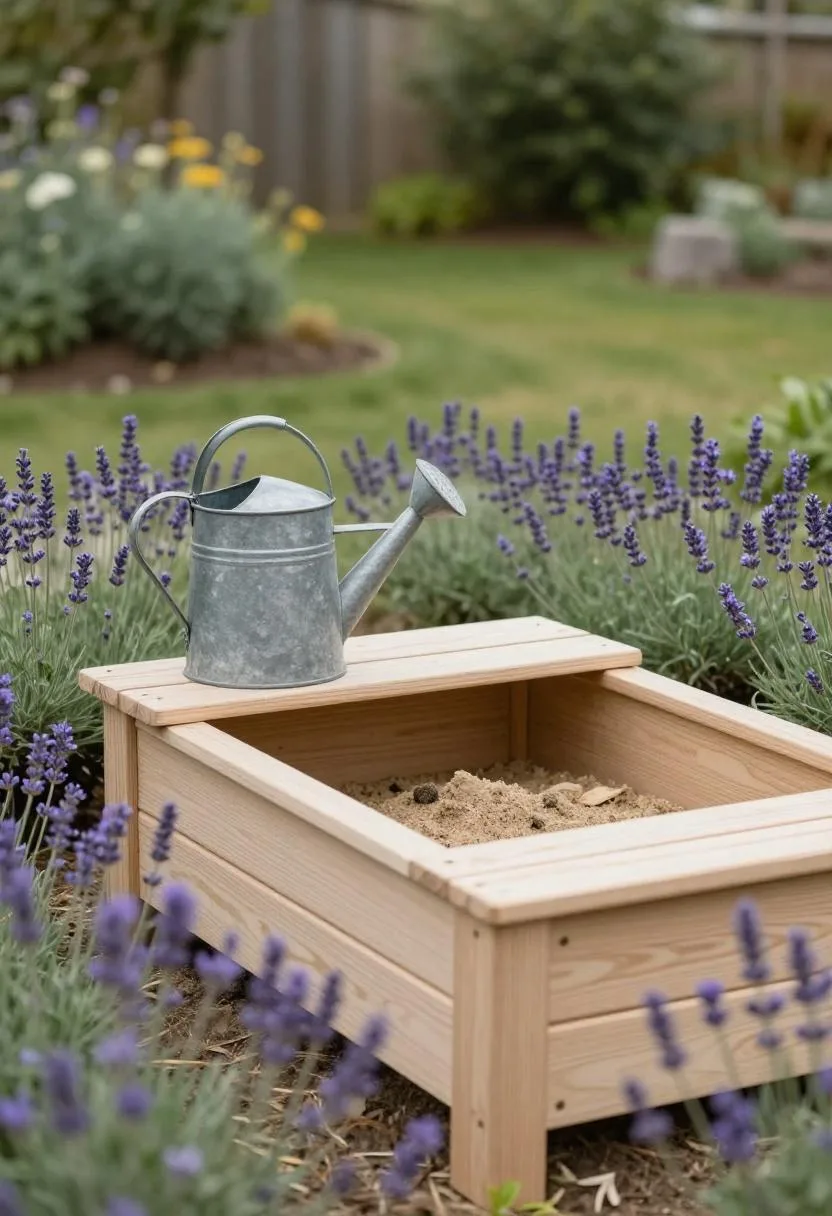 Pine sandbox with built-in bench seating nestled among lavender borders in a cottage garden