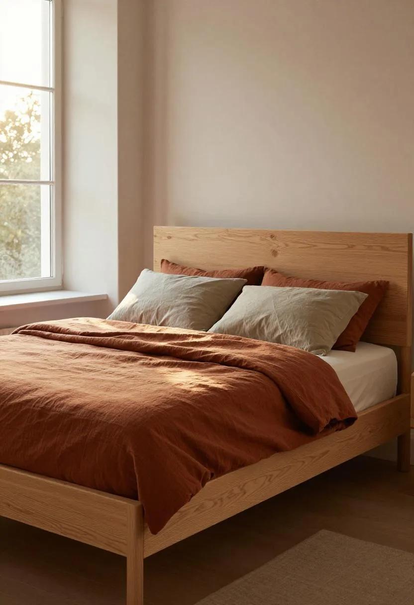 Natural pine Scandinavian platform bed with rust linen bedding in golden hour afternoon light