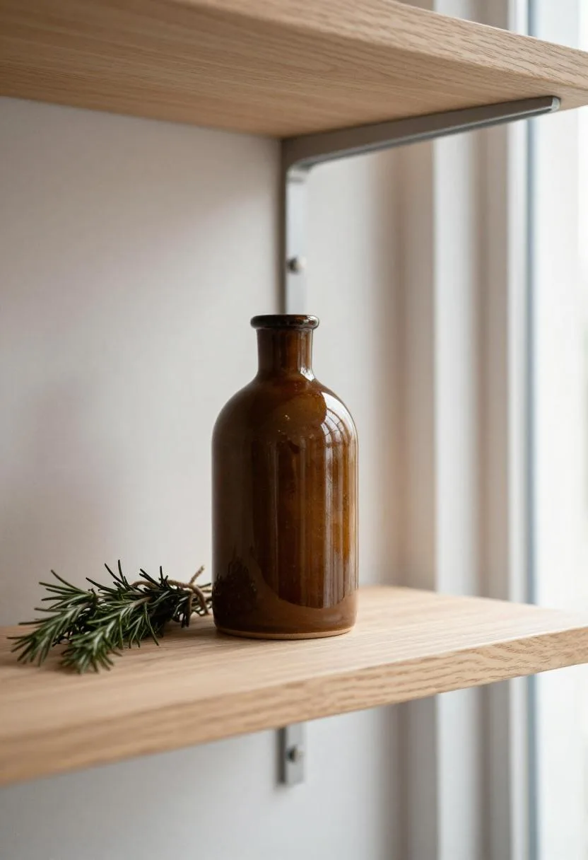 Pine shelf with brown ceramic oil bottle and dried rosemary bundle in quiet overcast light