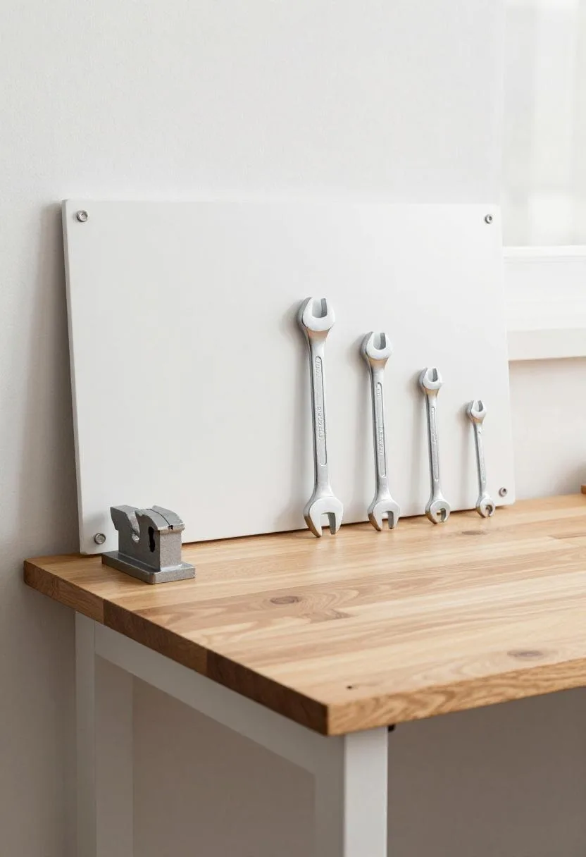 Pine workbench with bench vise and pegboard above holding only three organized wrenches